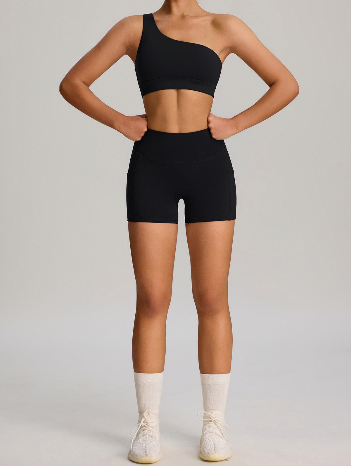 Black gym shorts with side pockets
