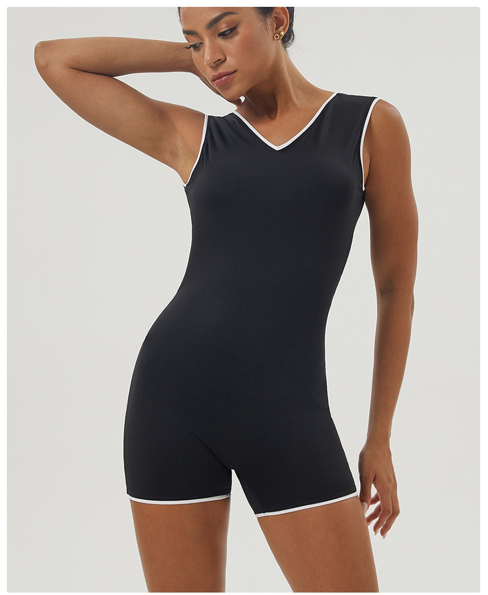 Sleek V-Neck Open-Back Workout Onesie - Army Green