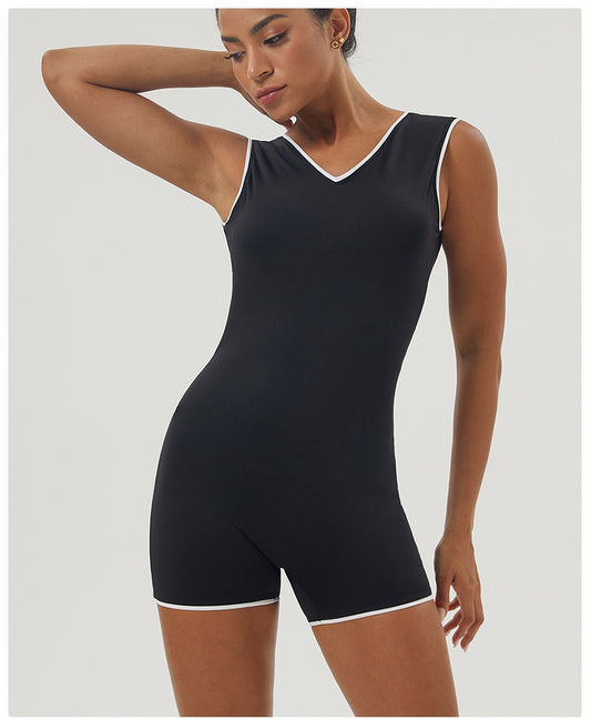 Sleek V-Neck Open-Back Workout Onesie - Black