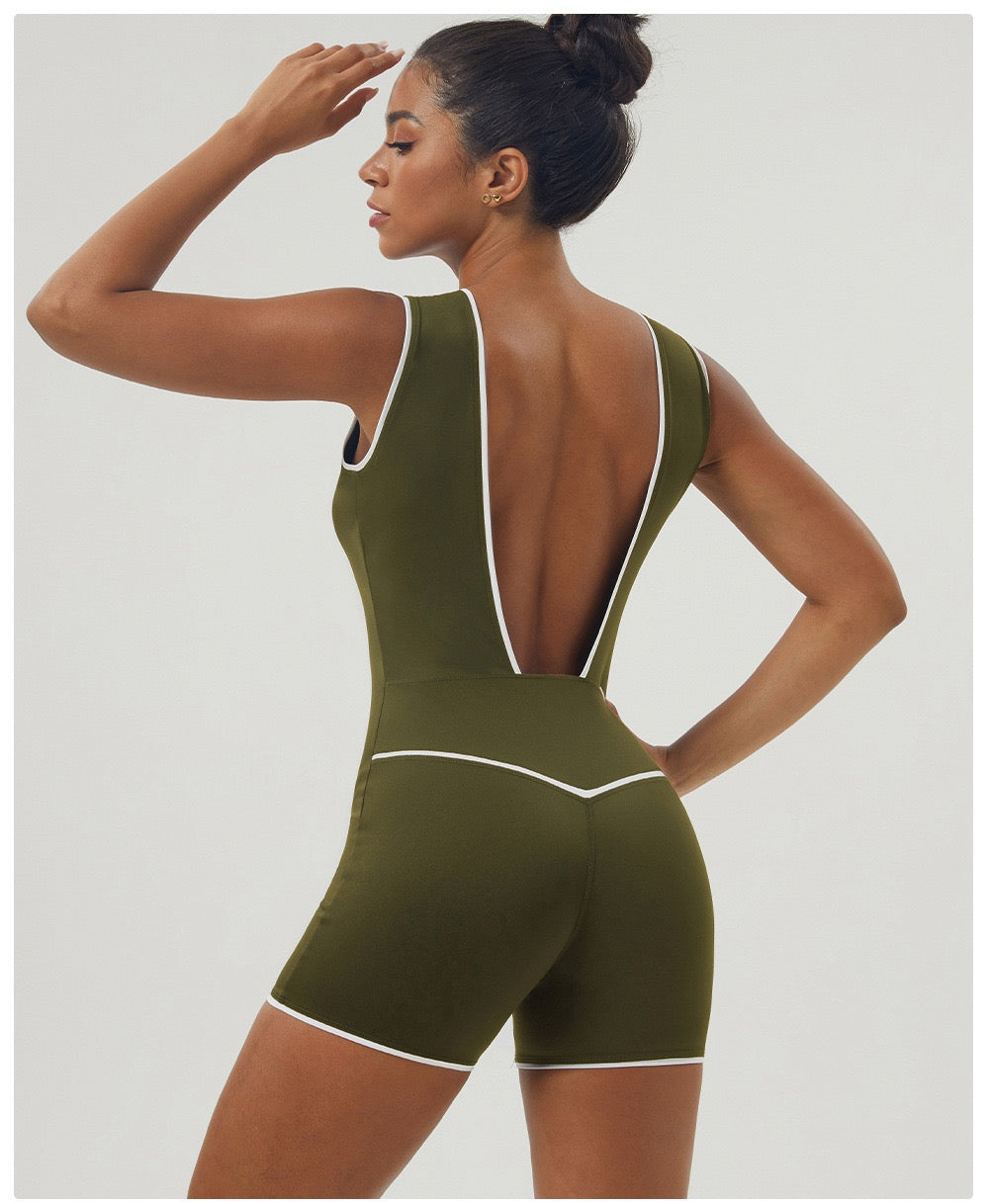 Sleek V-Neck Open-Back Workout Onesie - Army Green