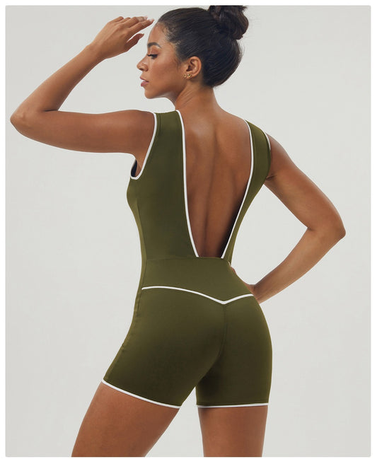 Sleek V-Neck Open-Back Workout Onesie - Army Green
