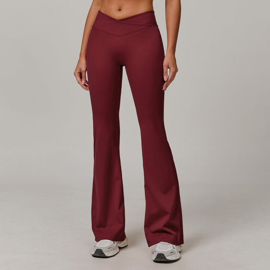 Crossover High-Waist Flare Leggings - Wine Red
