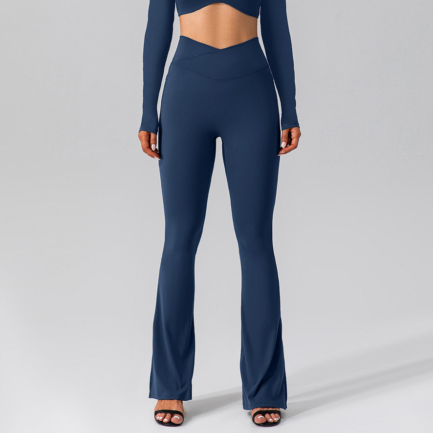 Crossover Waist Flared Leggings with Pockets - Khaki