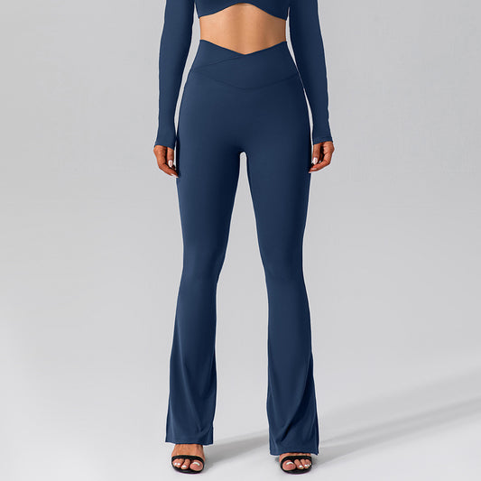 Crossover Waist Flared Leggings with Pockets - Navy Blue