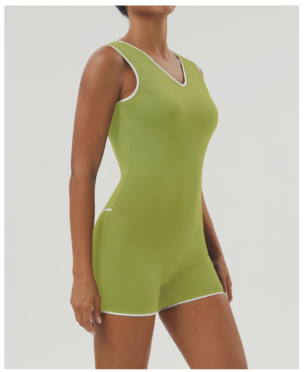 Sleek V-Neck Open-Back Workout Onesie - Army Green