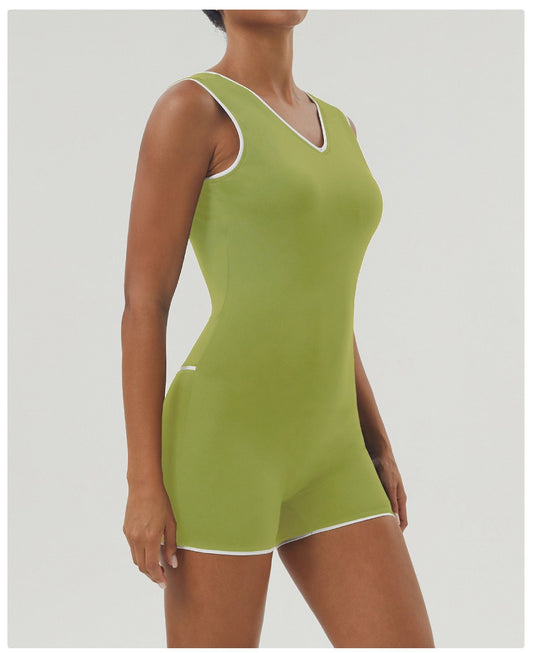 Sleek V-Neck Open-Back Workout Onesie - Green