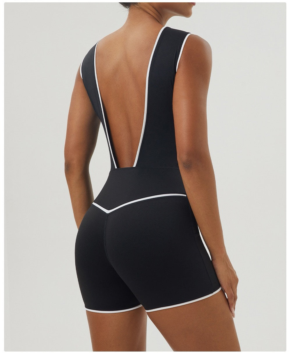 Sleek V-Neck Open-Back Workout Onesie - Army Green