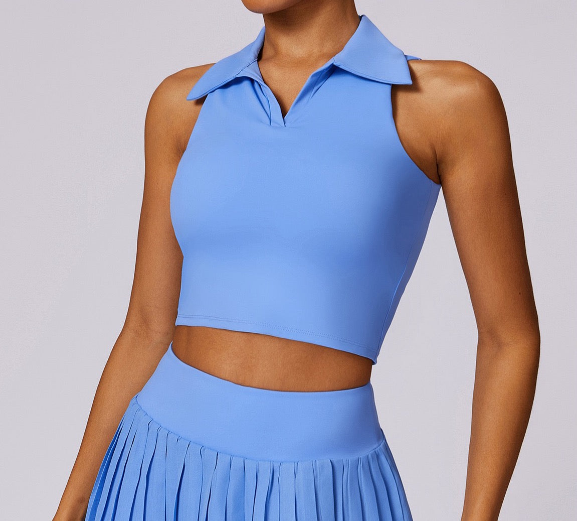 Women's Sleeveless Polo Crop Top with Removable Pads – Blue