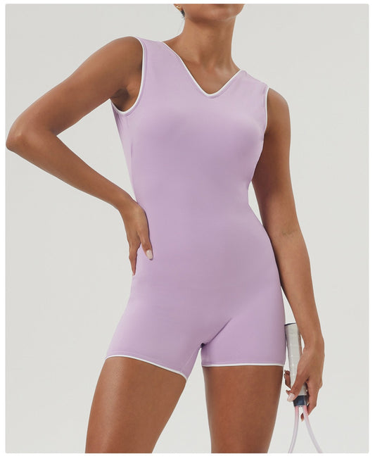 Sleek V-Neck Open-Back Workout Onesie - Purple
