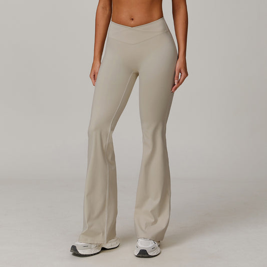 Crossover High-Waist Flare Leggings - Light Khaki