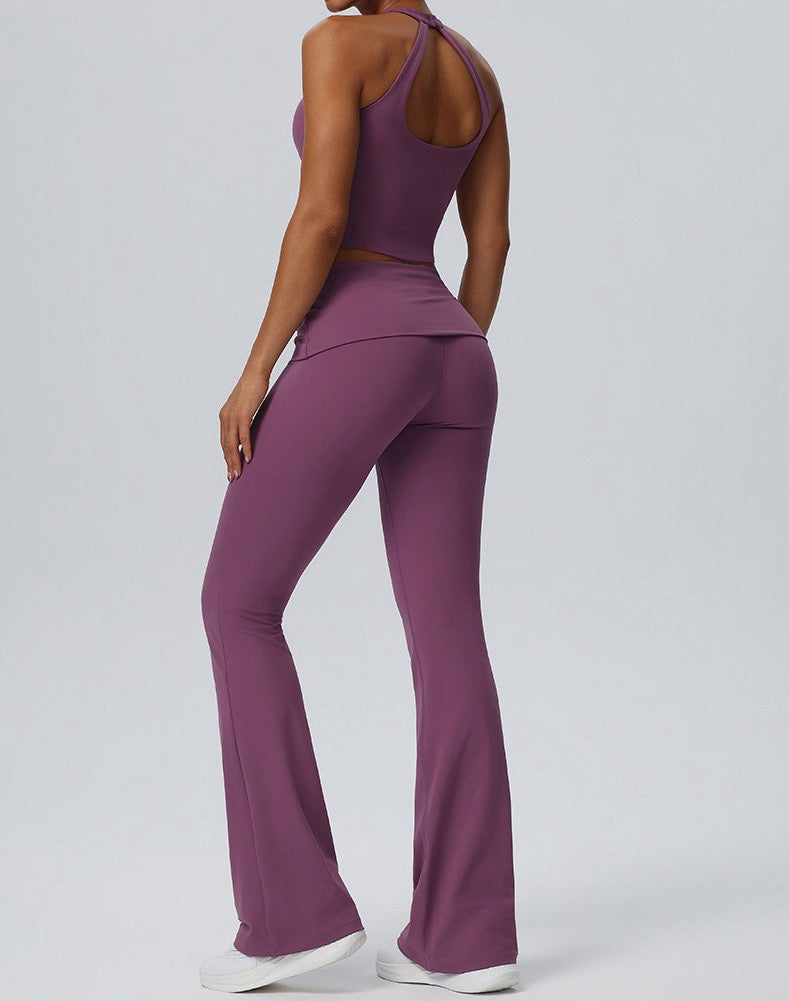 Fold-Over Flare Yoga Pants - Black