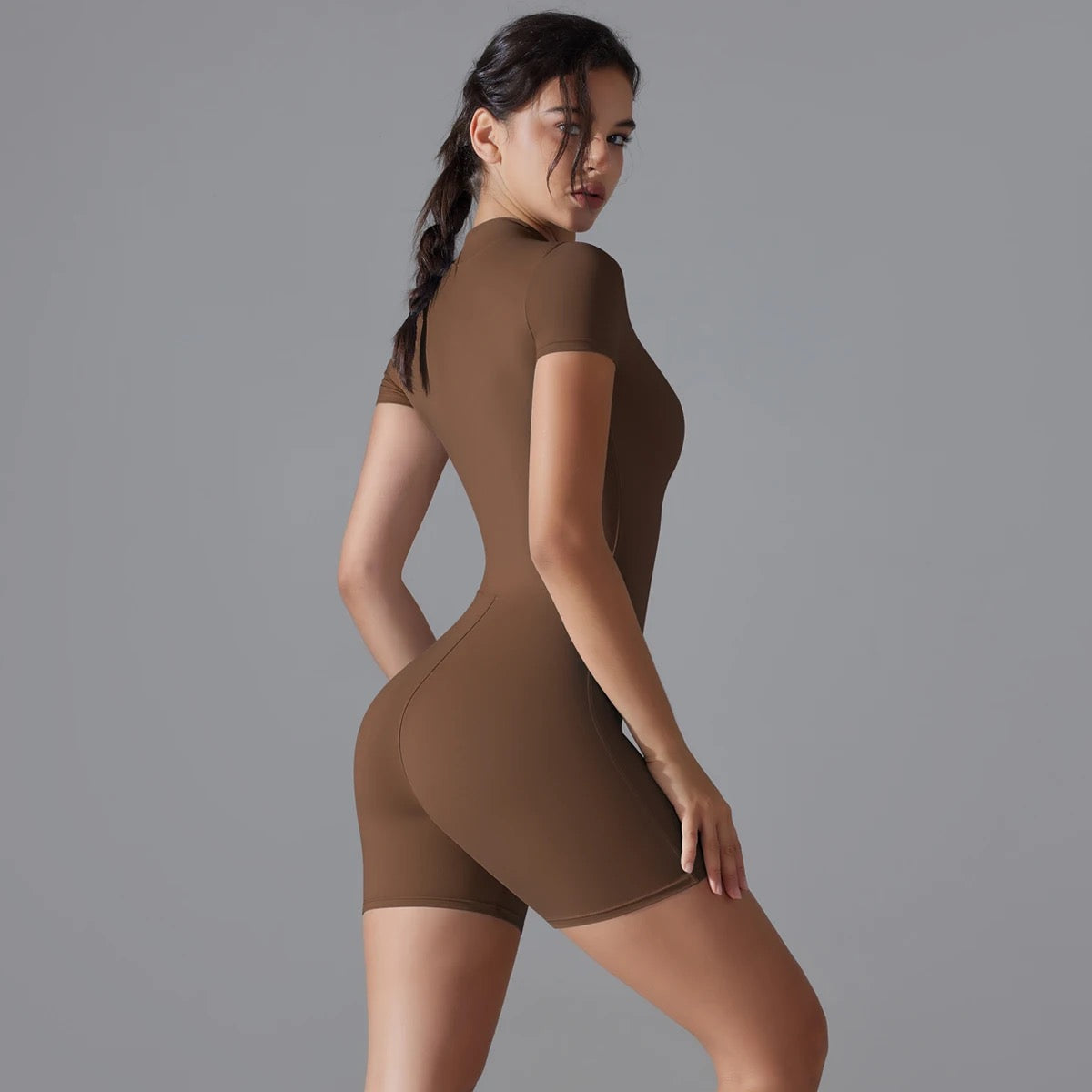 Zip Front Short Sleeve Activewear Romper - Black