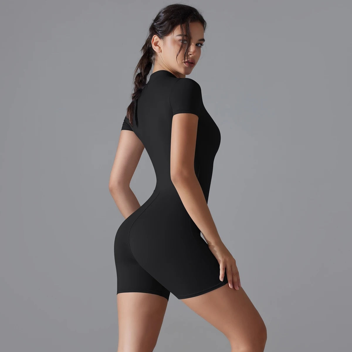 Zip Front Short Sleeve Activewear Romper - Black