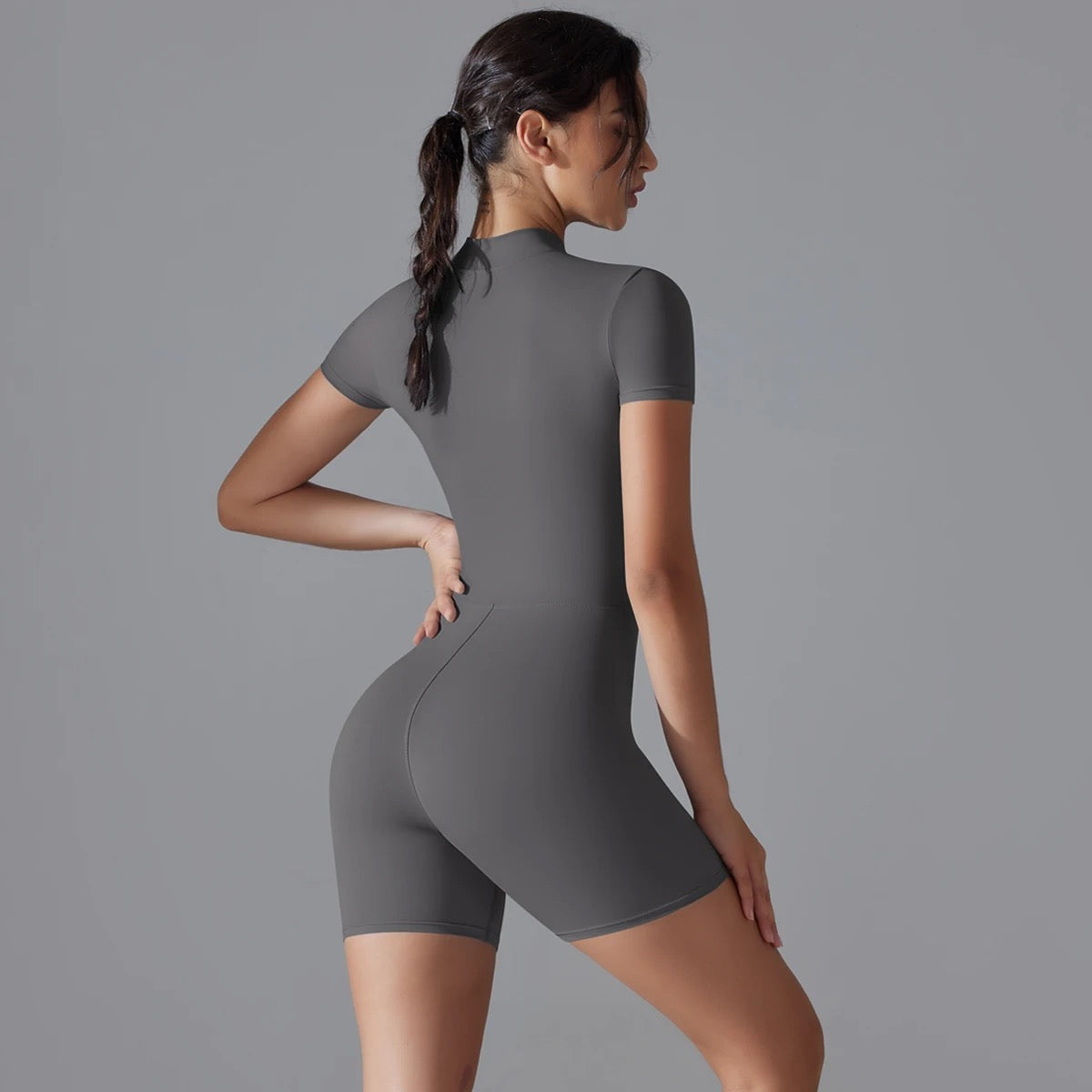 Zip Front Short Sleeve Activewear Romper - Black
