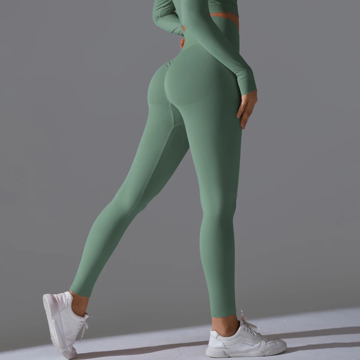 Ribbed High Waist Scrunch Leggings - Olive Color