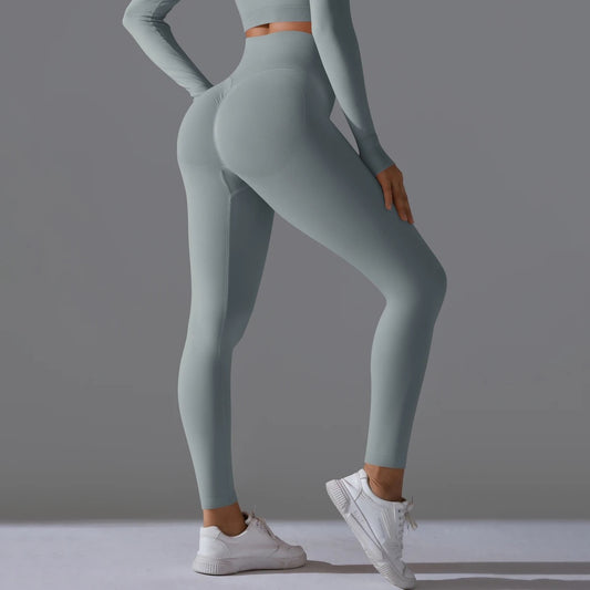 Ribbed High Waist Scrunch Leggings - Light Grey