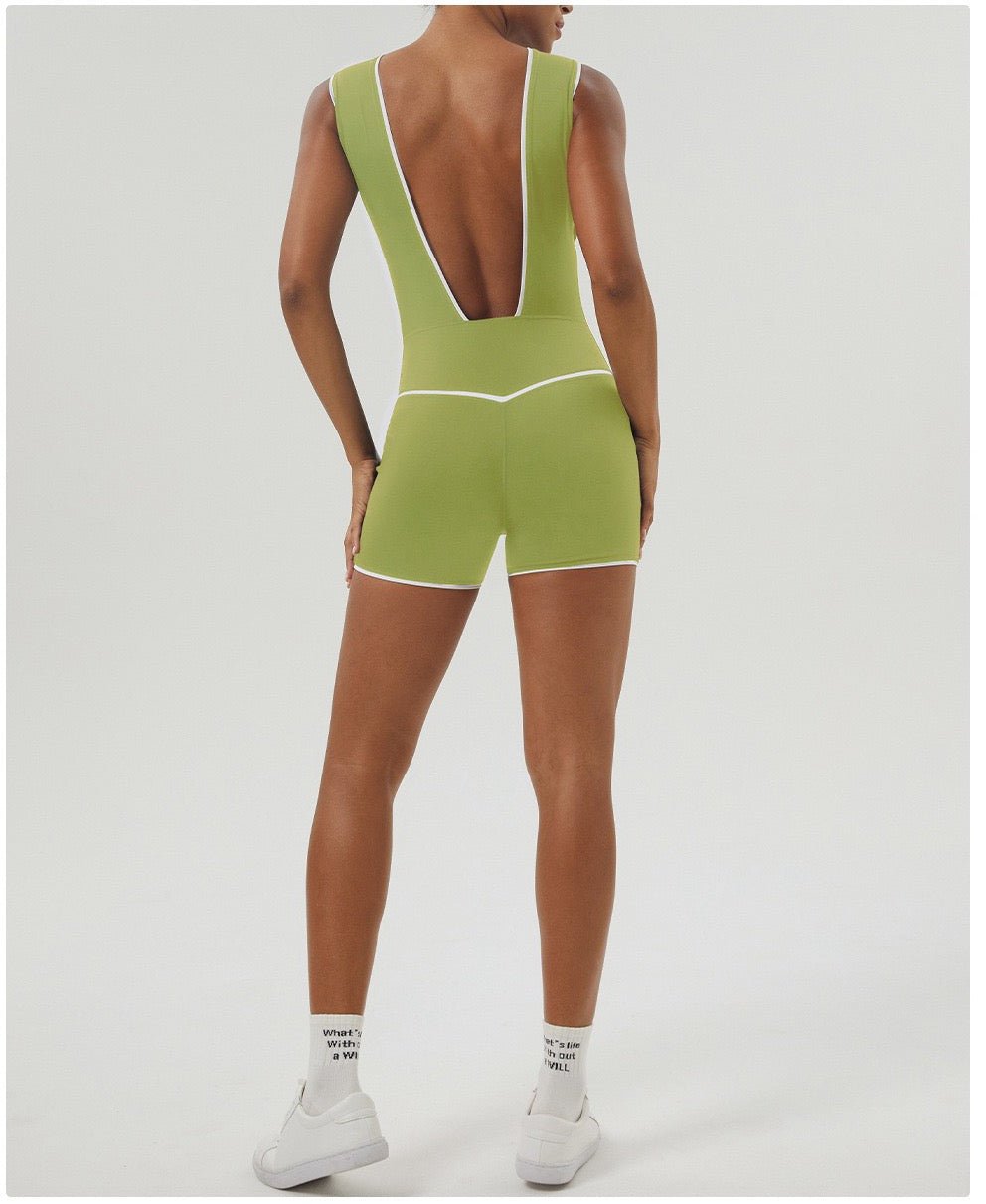 Sleek V-Neck Open-Back Workout Onesie - Army Green