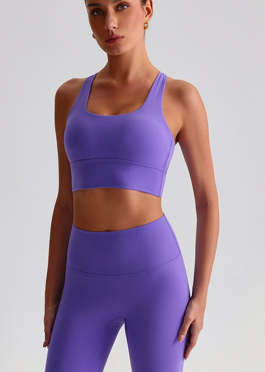 Purple workout bra for feminine fitness