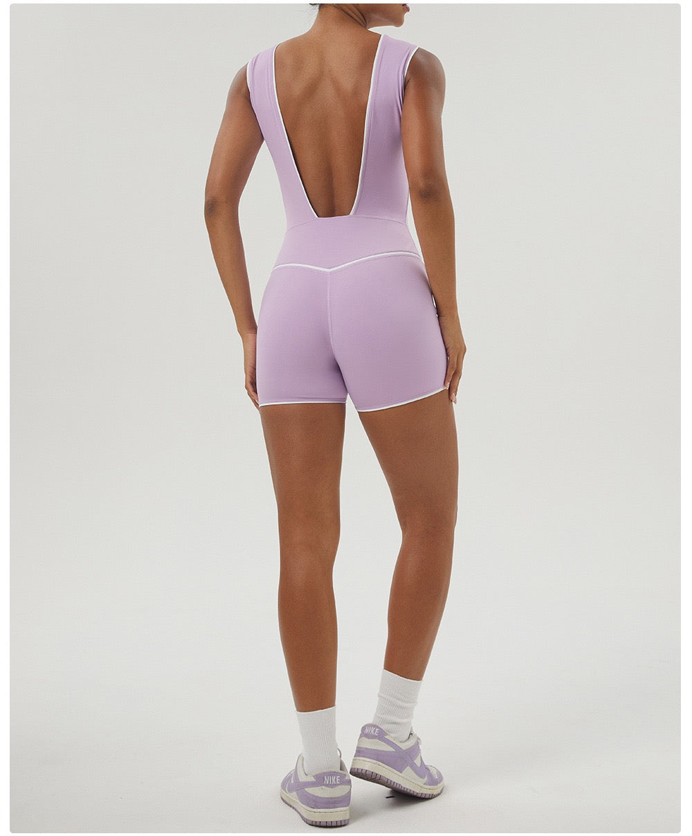 Sleek V-Neck Open-Back Workout Onesie - Army Green