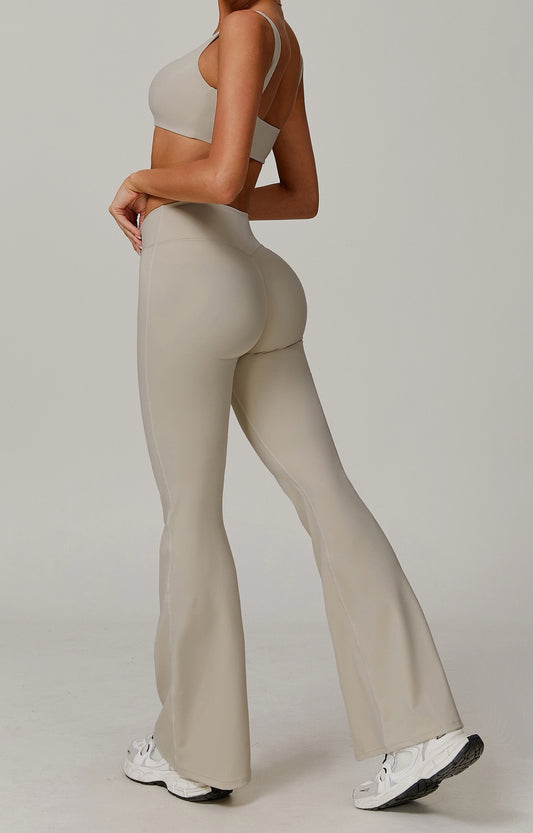 Crossover High-Waist Flare Leggings - Light Khaki