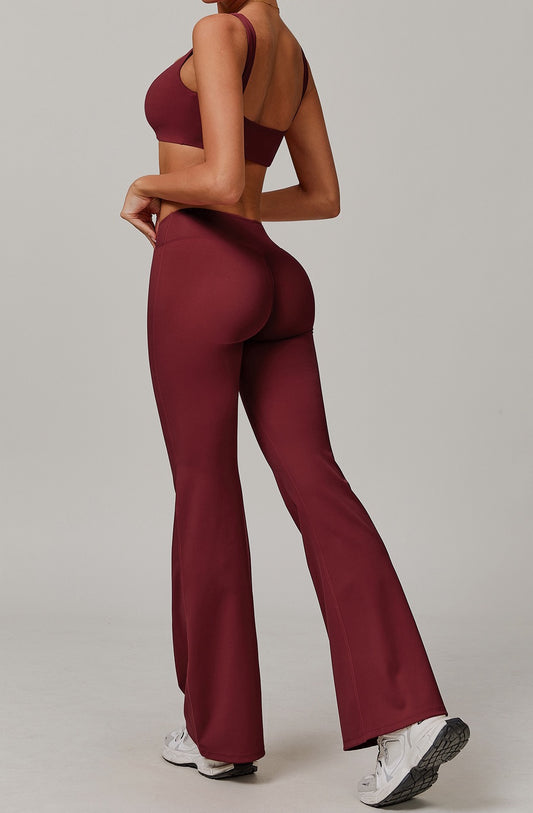 Crossover High-Waist Flare Leggings - Wine Red