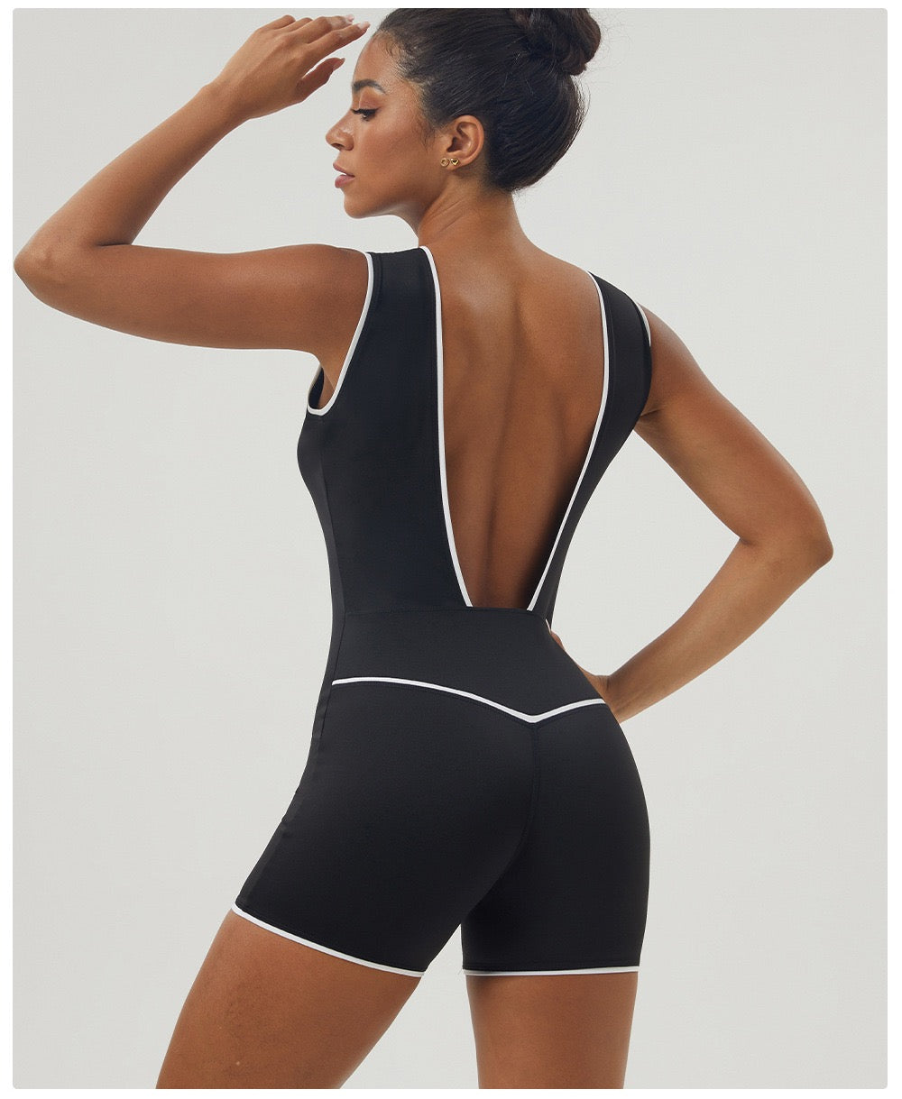 Sleek V-Neck Open-Back Workout Onesie - Army Green