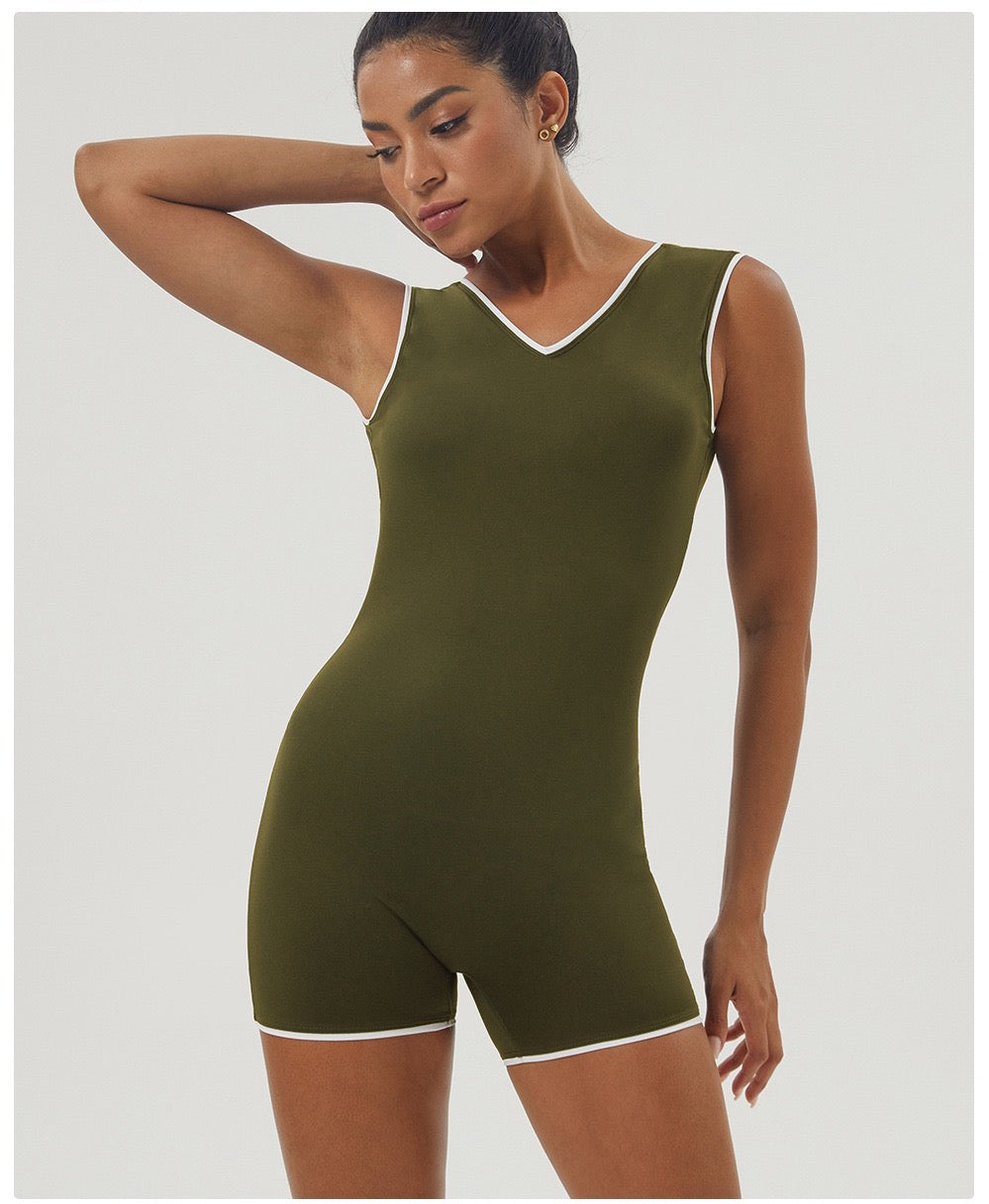 Sleek V-Neck Open-Back Workout Onesie - Army Green
