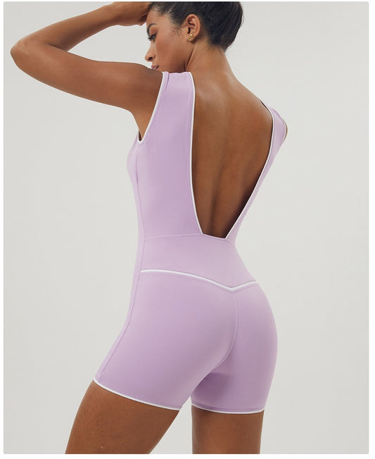 Sleek V-Neck Open-Back Workout Onesie - Purple