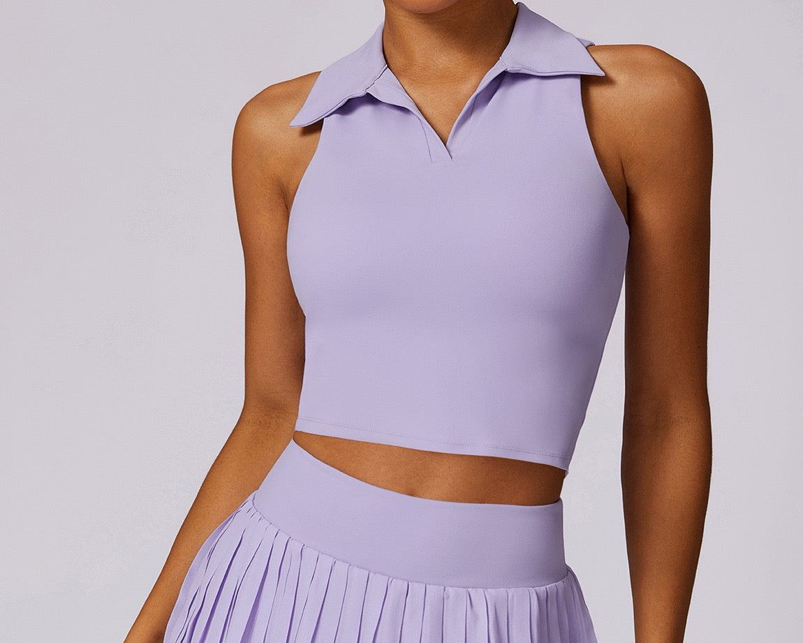 Women's Sleeveless Polo Crop Top with Removable Pads – Purple