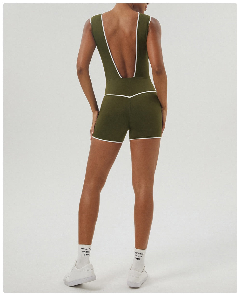 Sleek V-Neck Open-Back Workout Onesie - Army Green
