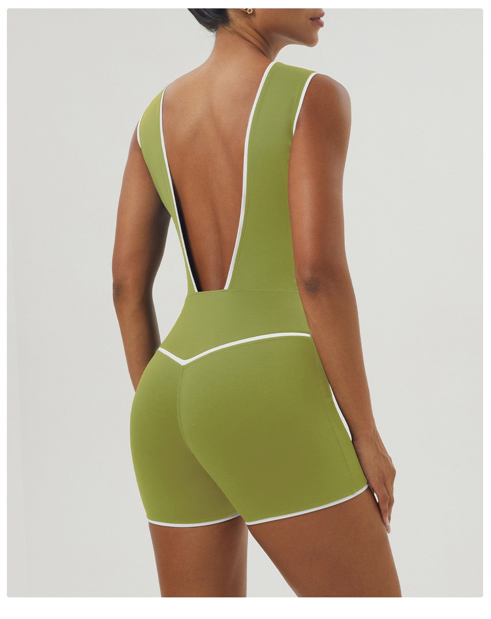 Sleek V-Neck Open-Back Workout Onesie - Army Green