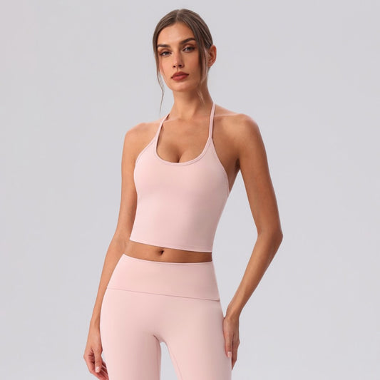 pink backless yoga crop top with padding
