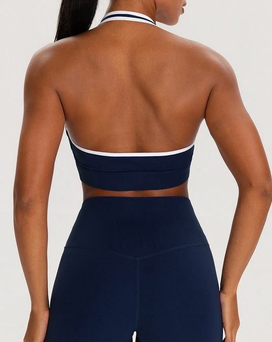 navy blue halter sports bra women