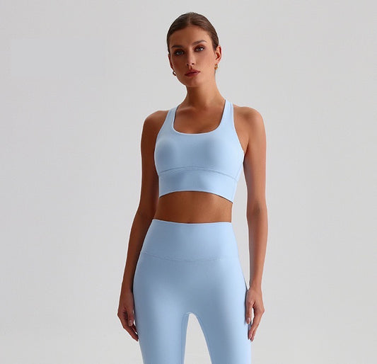 blue sports bra with cross back