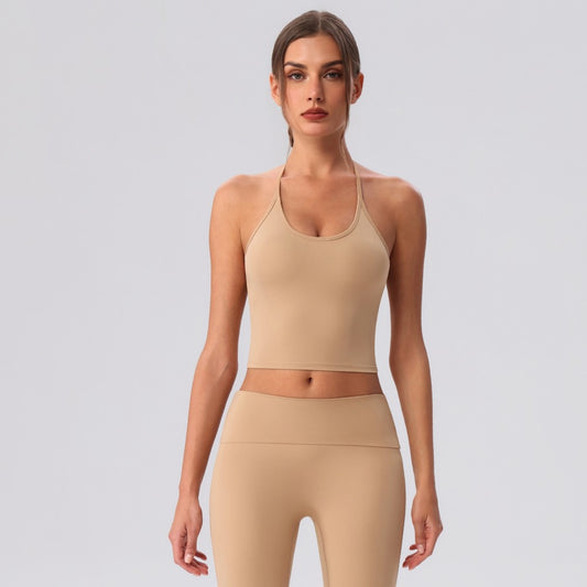 breathable halter fitness tank neutral tone