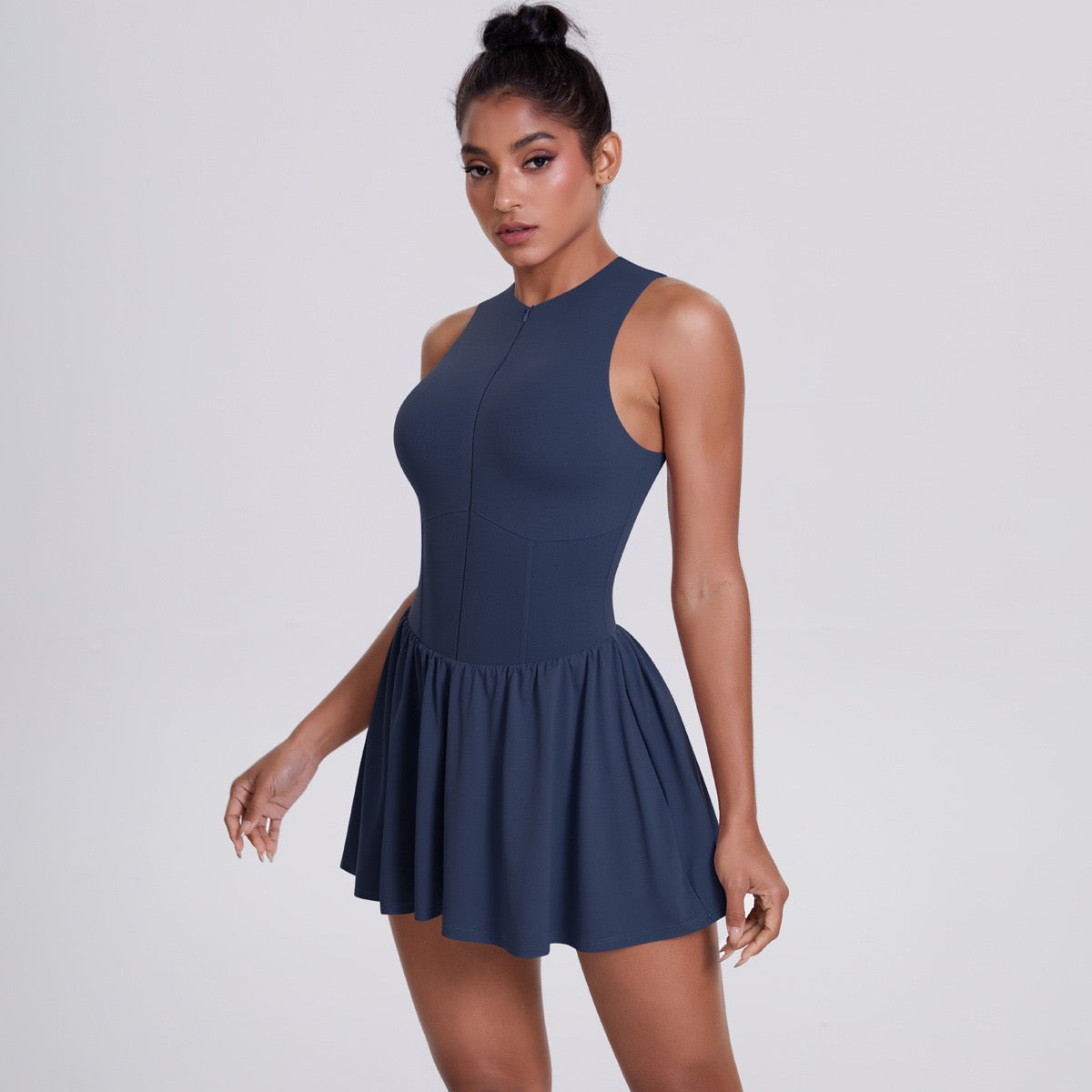 Zip-Front Active Dress with Built-In Shorts - Navy Blue Zip-Front Active Dress with Built-In Shorts - Navy Blue