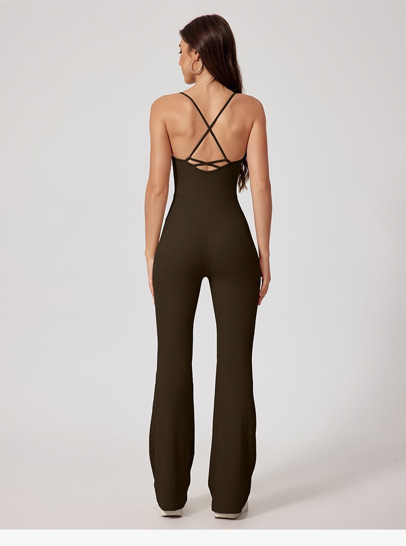 Women's Cross Back Flare Leg Jumpsuit - Ebony Grey