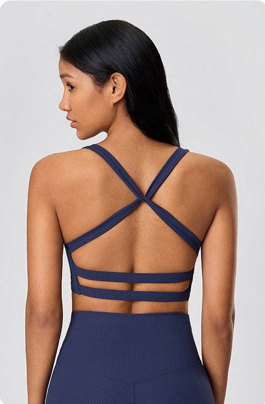 cross back sports bra blue color