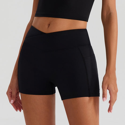black crossover waistband yoga shorts squat proof