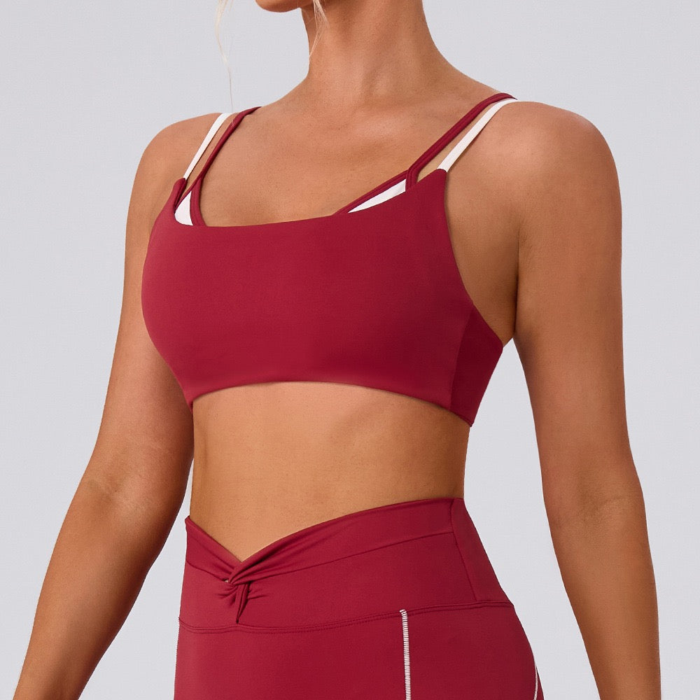 faux layered workout crop top in red