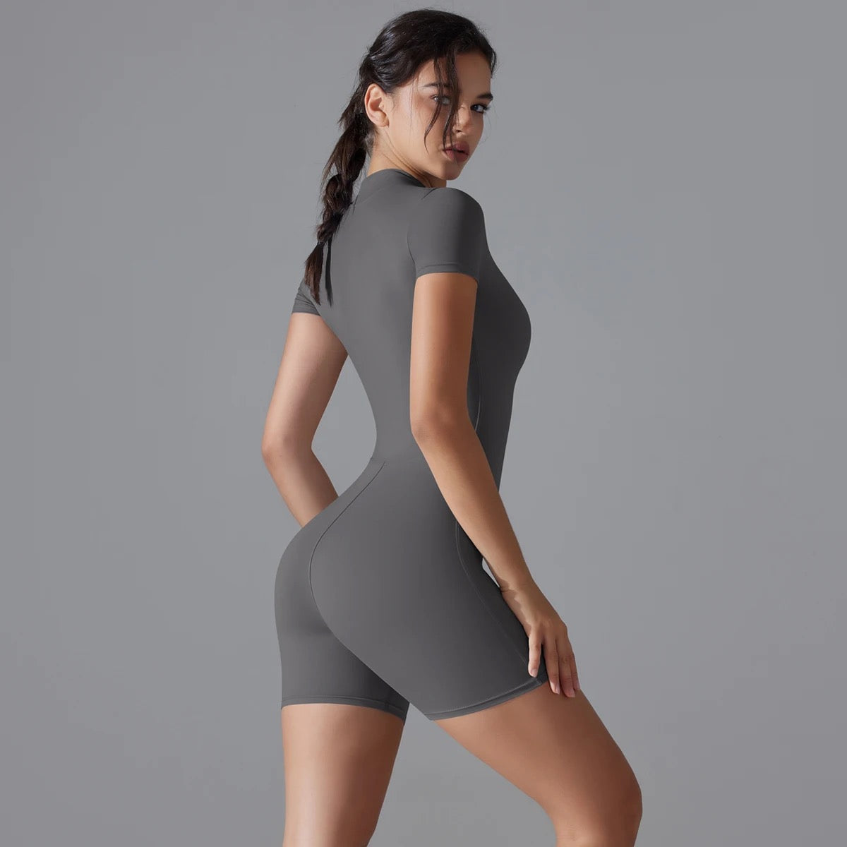 Zip Front Short Sleeve Activewear Romper - Black