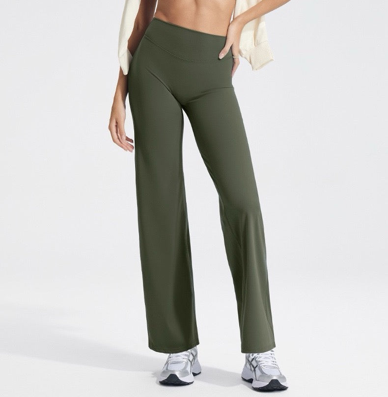 high-waist wide-leg athleisure pants in olive green
