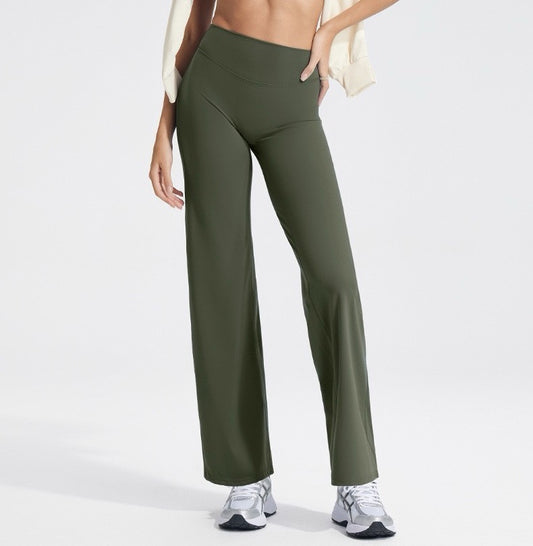 high-waist wide-leg athleisure pants in olive green