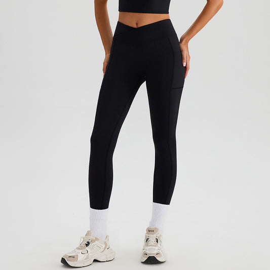 black high waist cross front leggings with pockets
