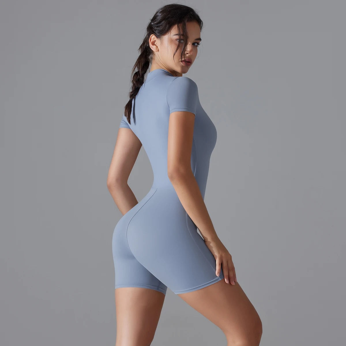 Zip Front Short Sleeve Activewear Romper - Black