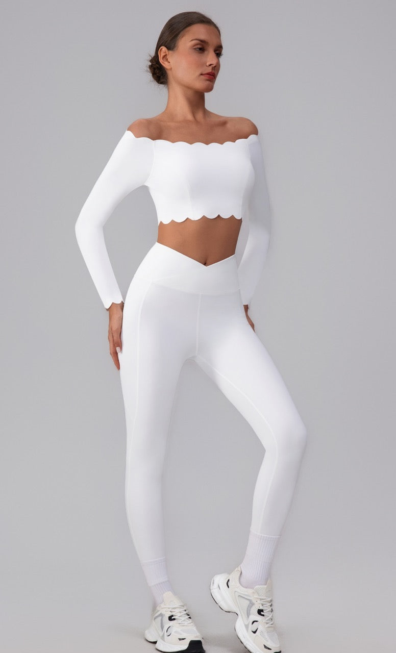 White Off-Shoulder Scallop Activewear Set – H&H Activewear