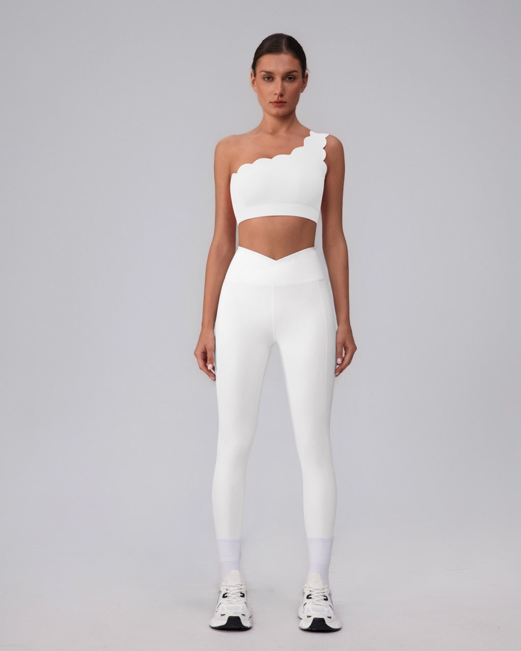 one shoulder bra and leggings set in white
