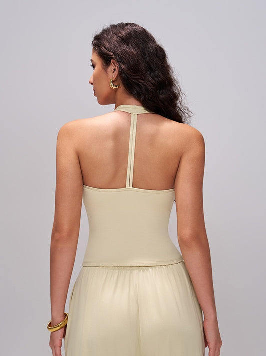 yellow open back gym top for women
