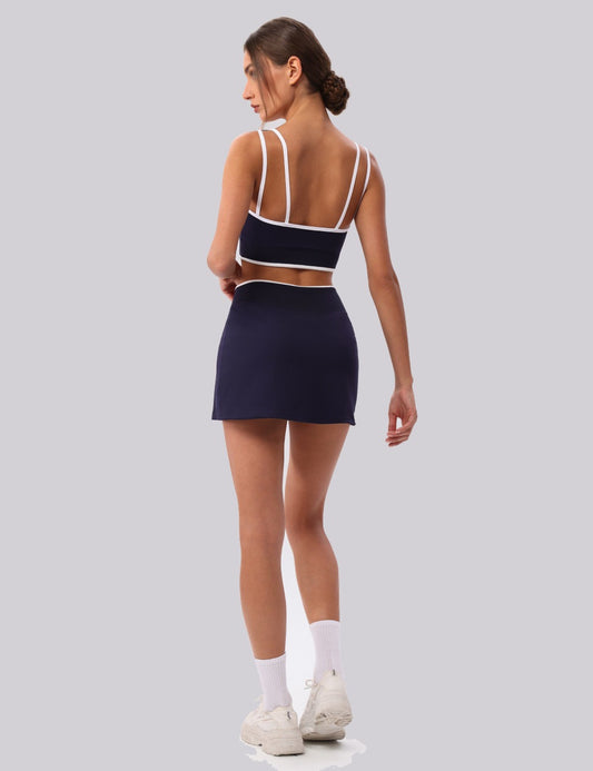navy blue open back sports bra