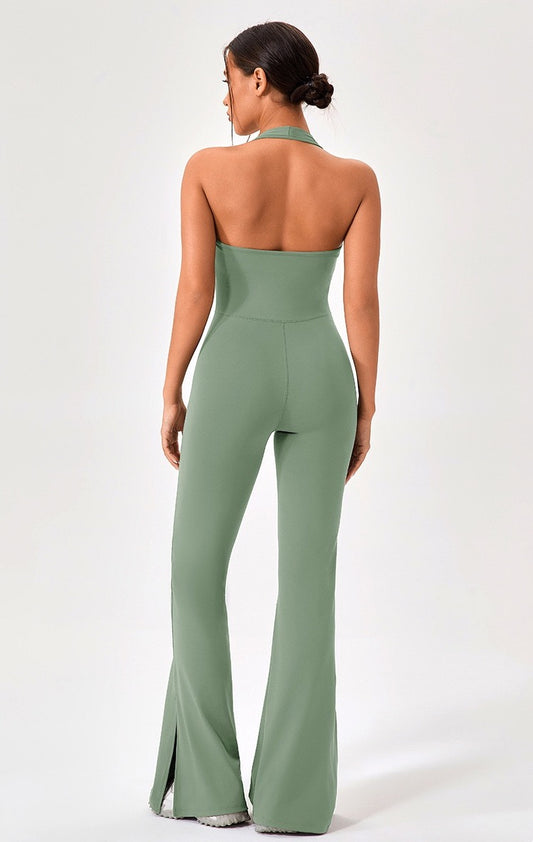 open back yoga jumpsuit green